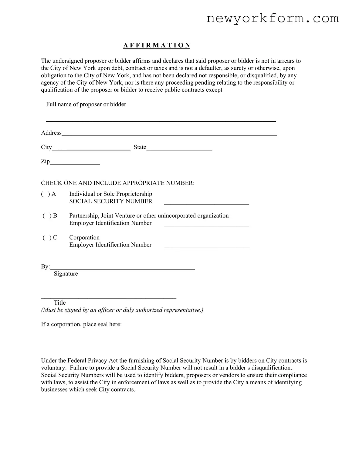 Free City Of Ny Affirmation Form in PDF