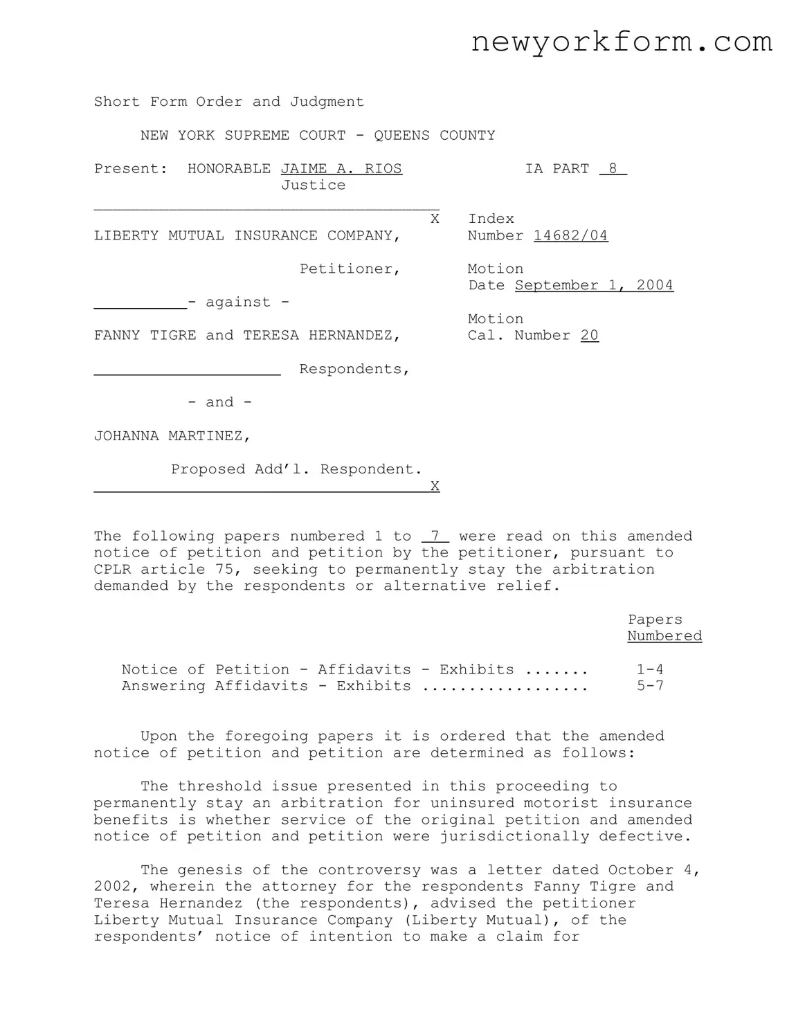 Free Judgment New York Supreme Court Form in PDF