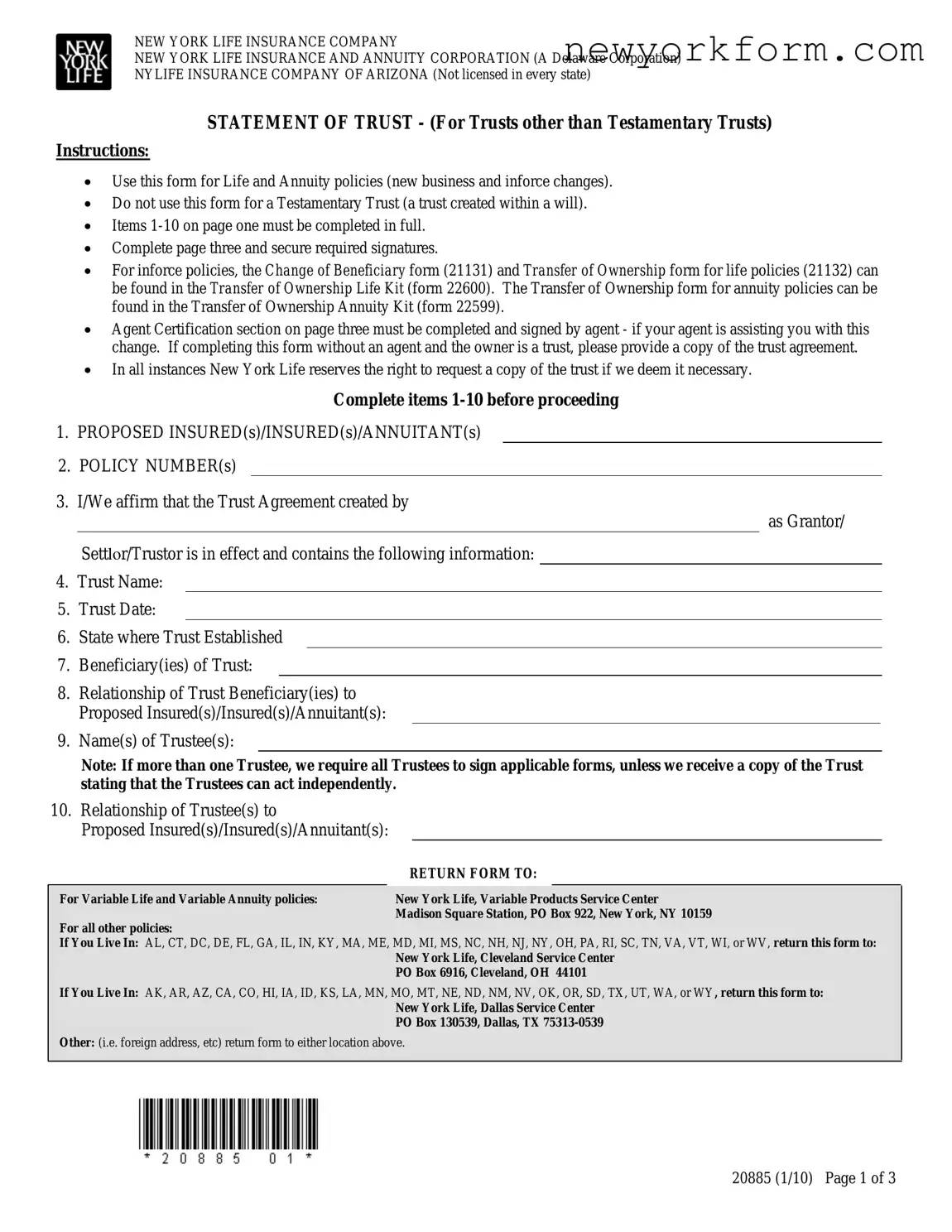 Free New York 20885 Form in PDF