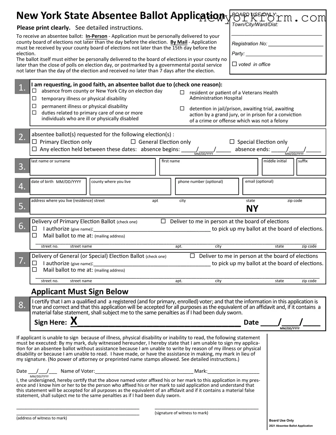 Free New York Absentee Ballot Application Form in PDF