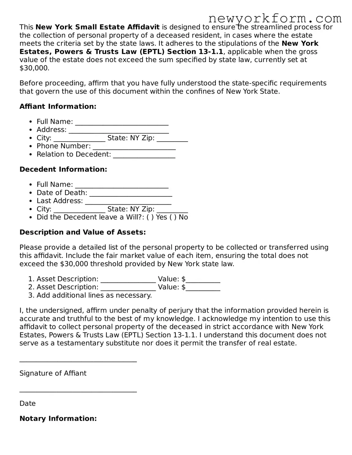 Small Estate Affidavit Template for the State of New York