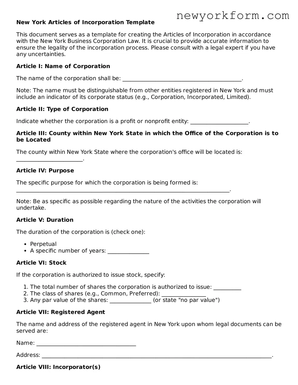 Articles of Incorporation Template for the State of New York