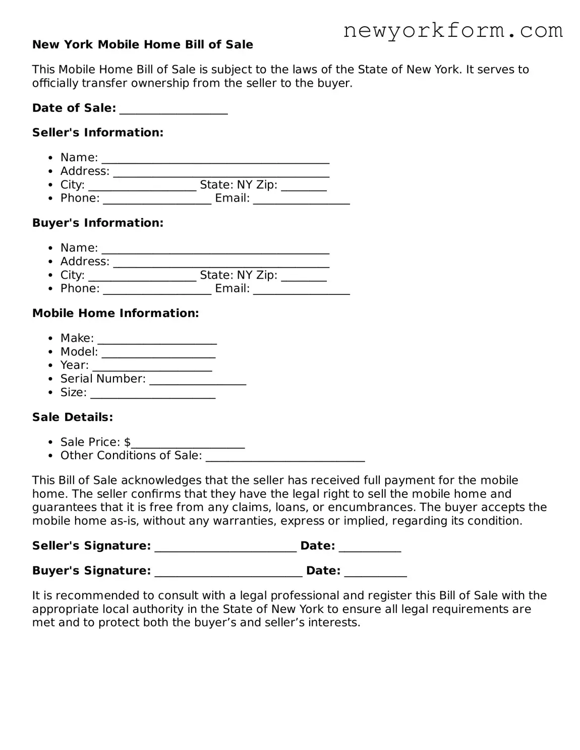 Mobile Home Bill of Sale Template for the State of New York