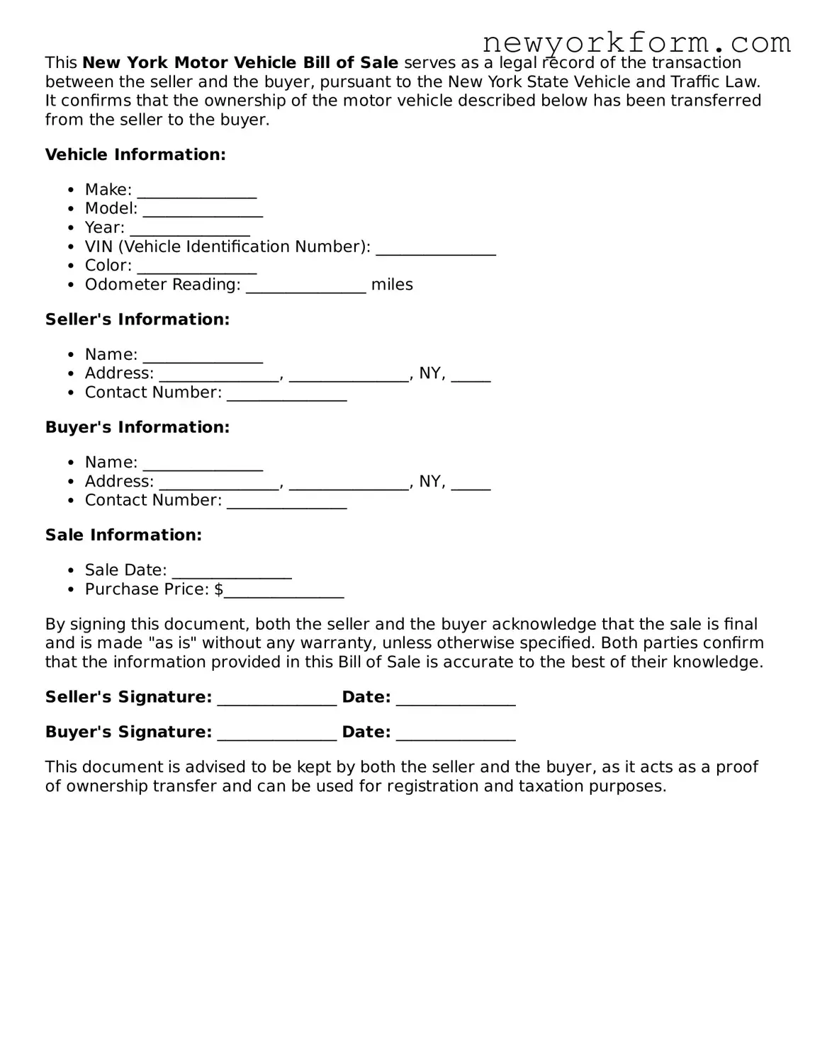 Motor Vehicle Bill of Sale Template for the State of New York