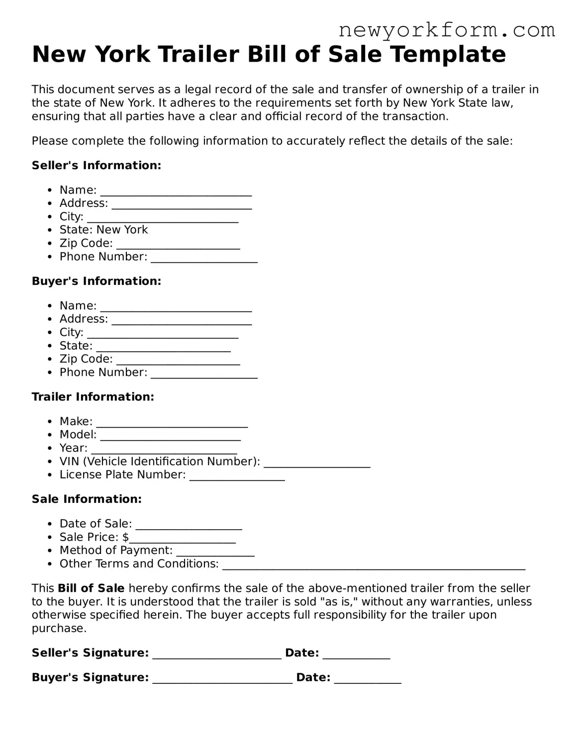 Trailer Bill of Sale Template for the State of New York