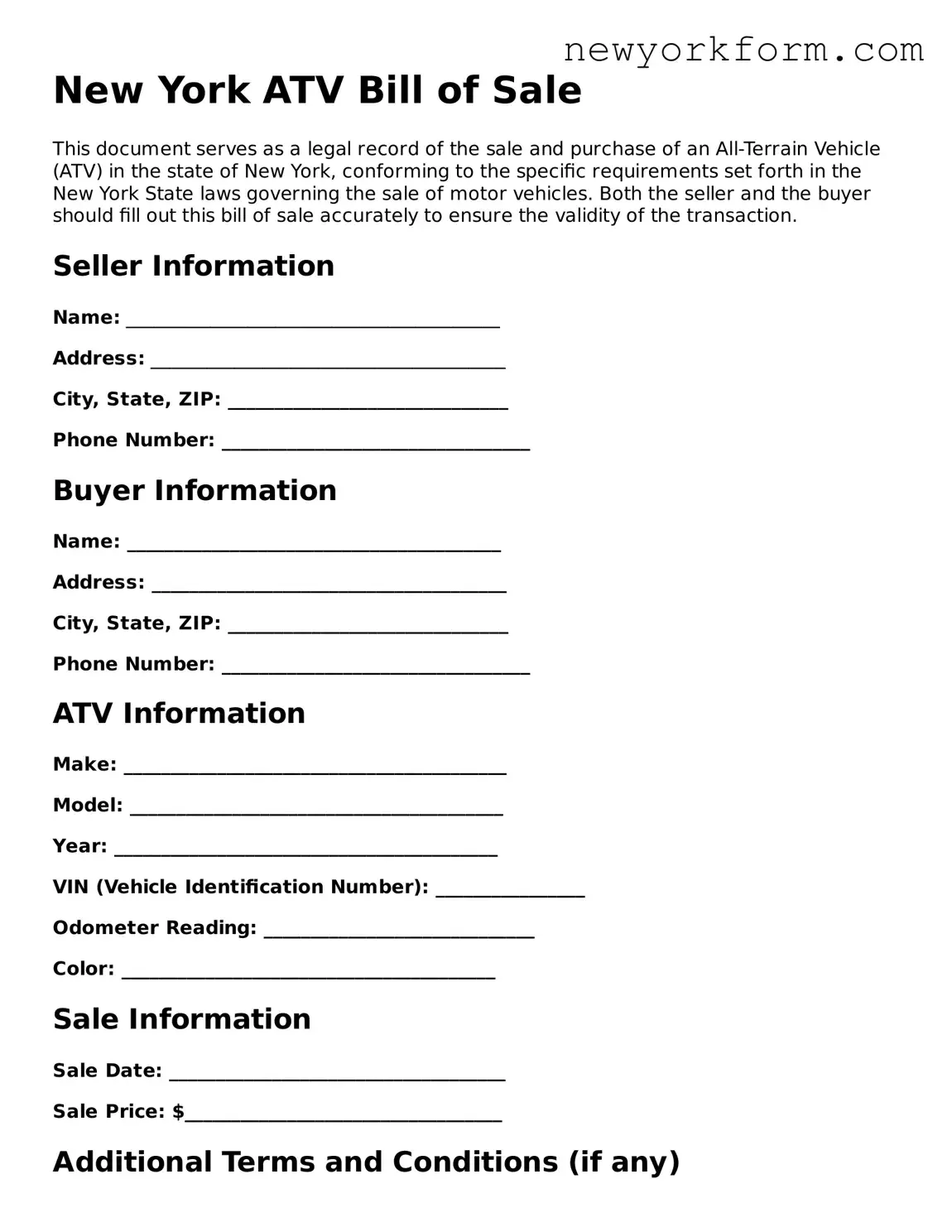 ATV Bill of Sale Template for the State of New York