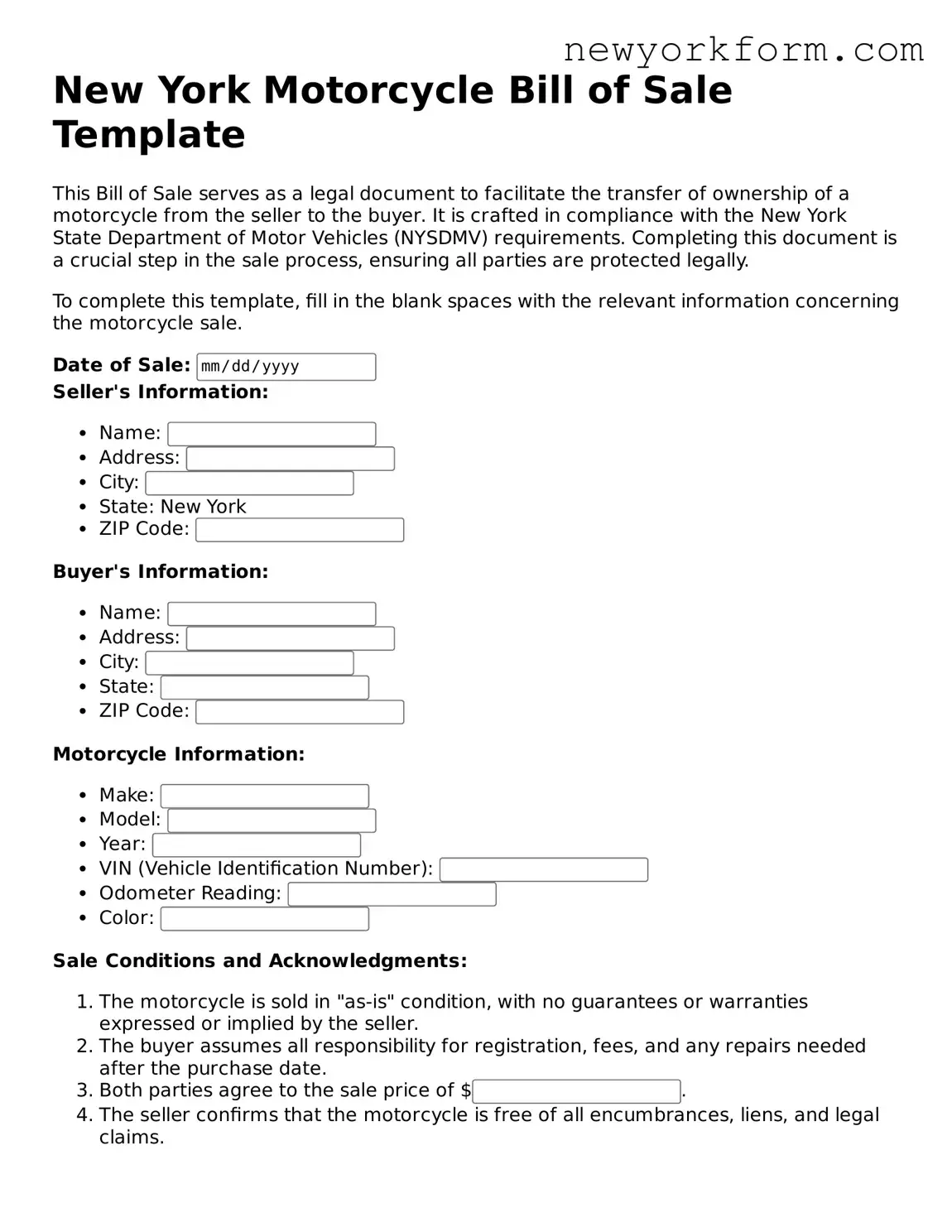 Motorcycle Bill of Sale Template for the State of New York