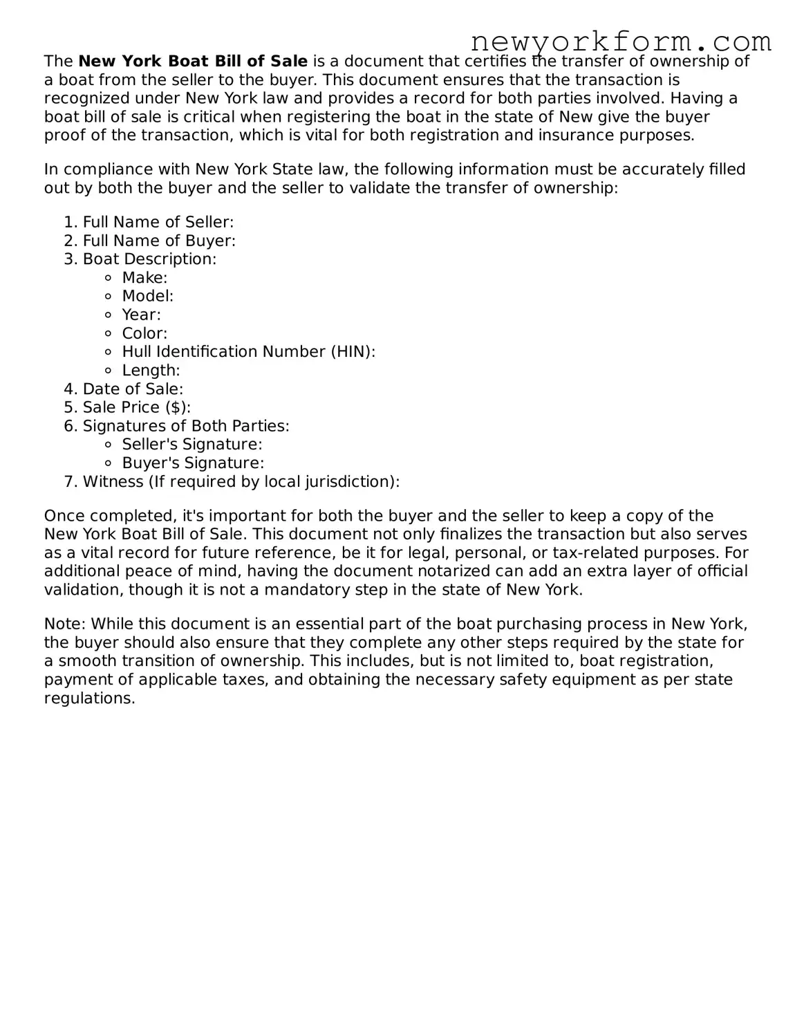 Boat Bill of Sale Template for the State of New York