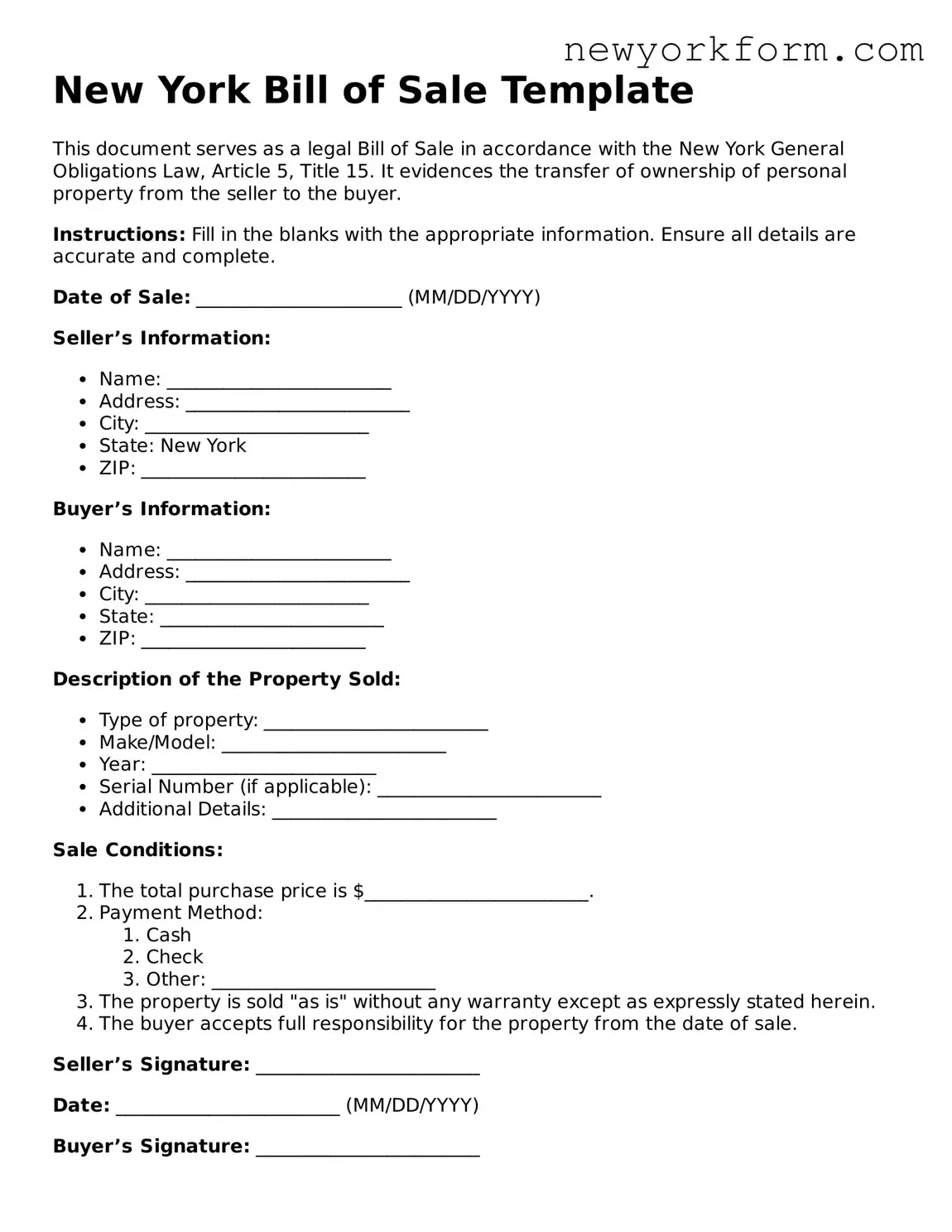 Bill of Sale Template for the State of New York
