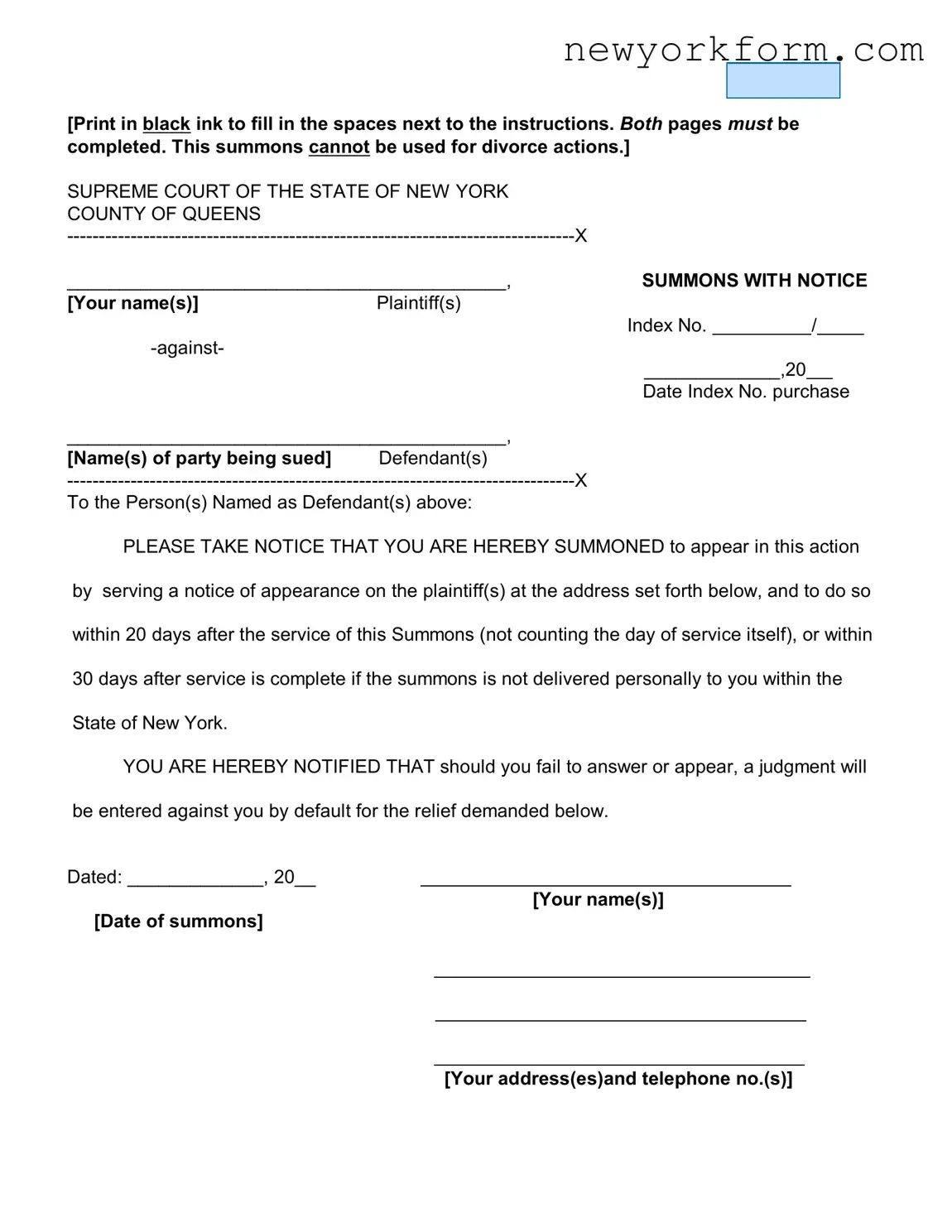 Free New York Court Summons Form in PDF