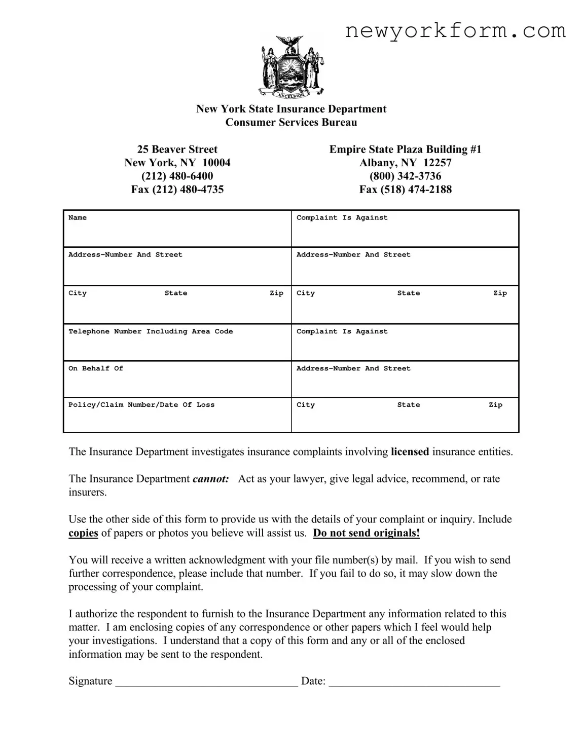 Free New York Dept Insurance Form in PDF