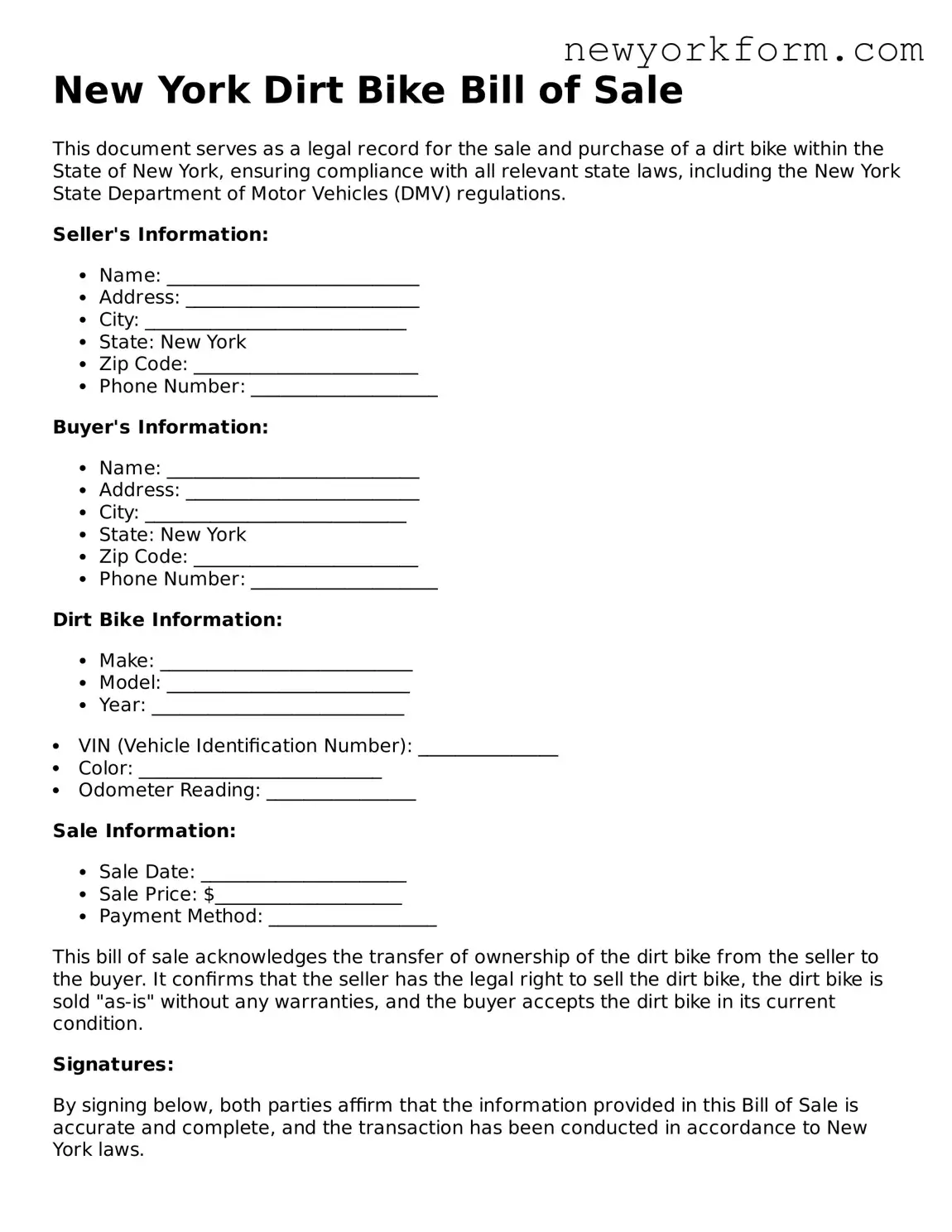 Dirt Bike Bill of Sale Template for the State of New York