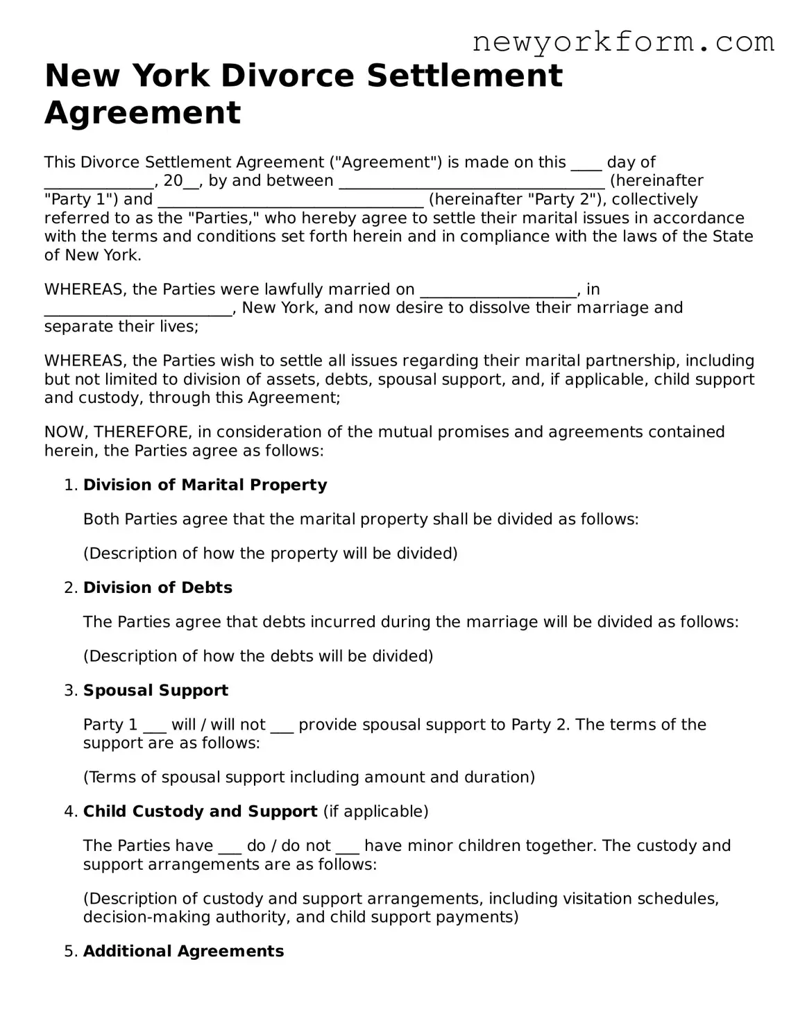 Divorce Settlement Agreement Template for the State of New York
