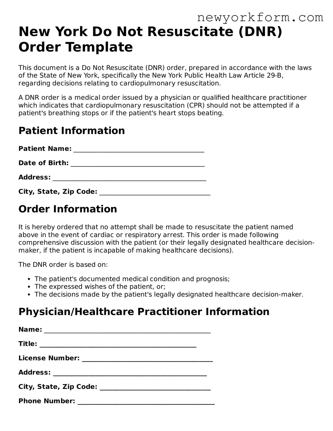 Do Not Resuscitate Order Template for the State of New York
