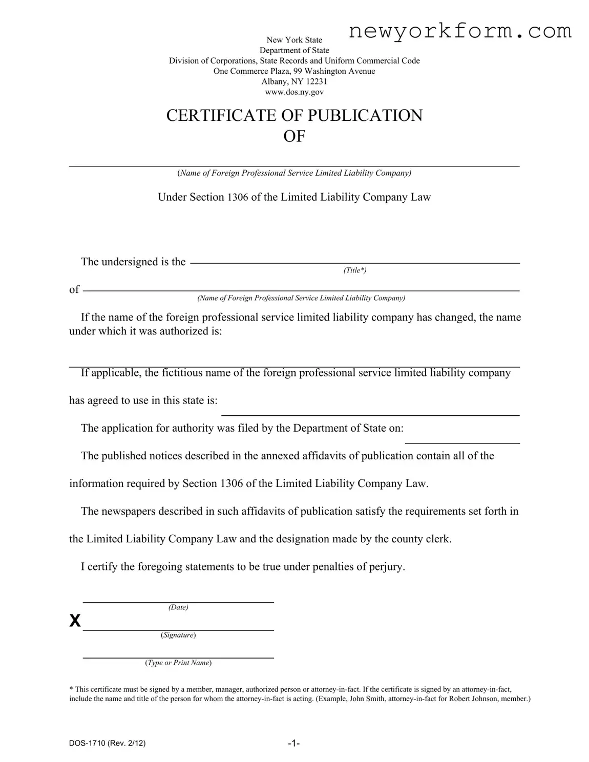 Free New York Dos 1710 Form in PDF