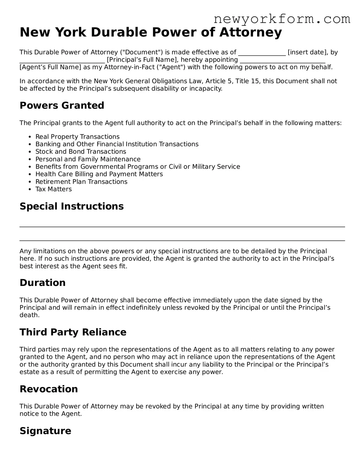 Durable Power of Attorney Template for the State of New York