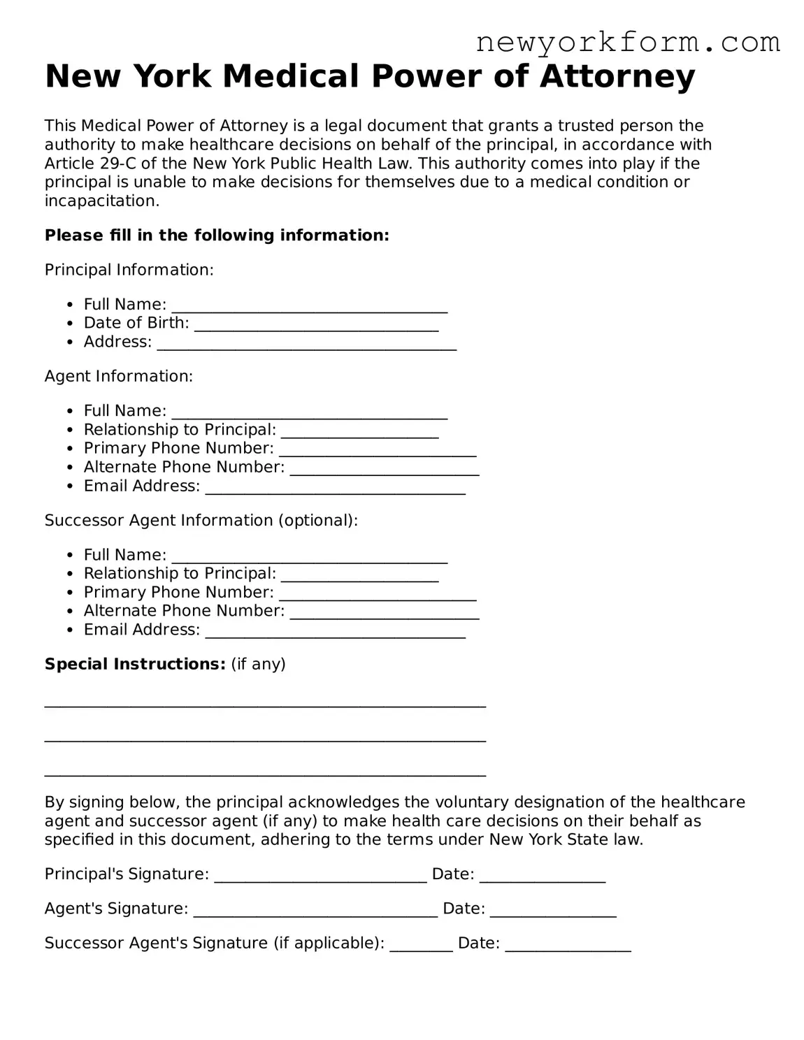Medical Power of Attorney Template for the State of New York