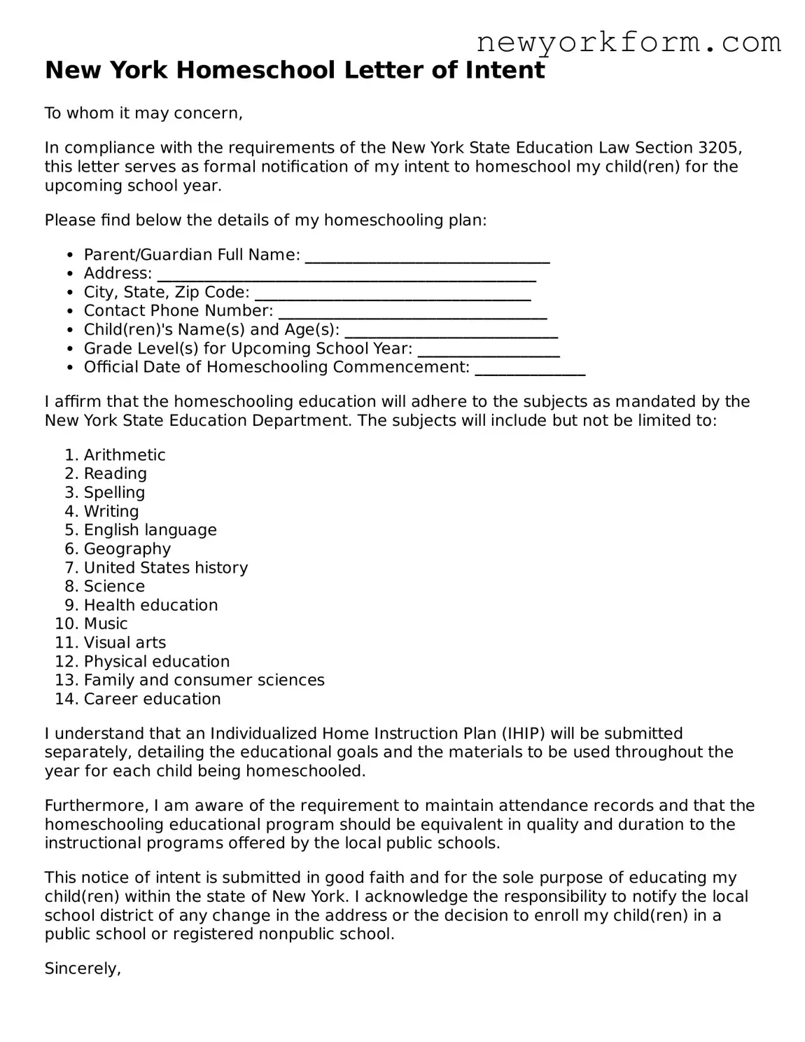 Homeschool Letter of Intent Template for the State of New York