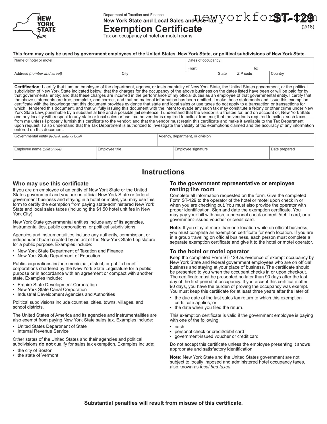 Free New York Hotel Tax Exempt Form in PDF