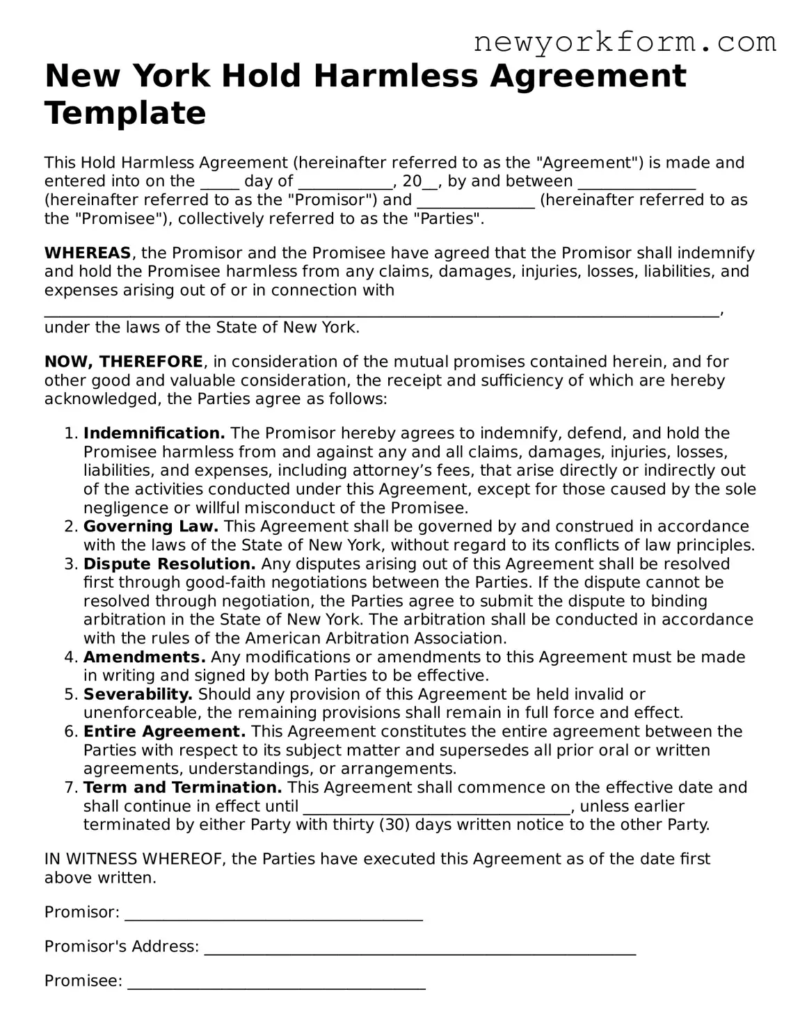 Hold Harmless Agreement Template for the State of New York