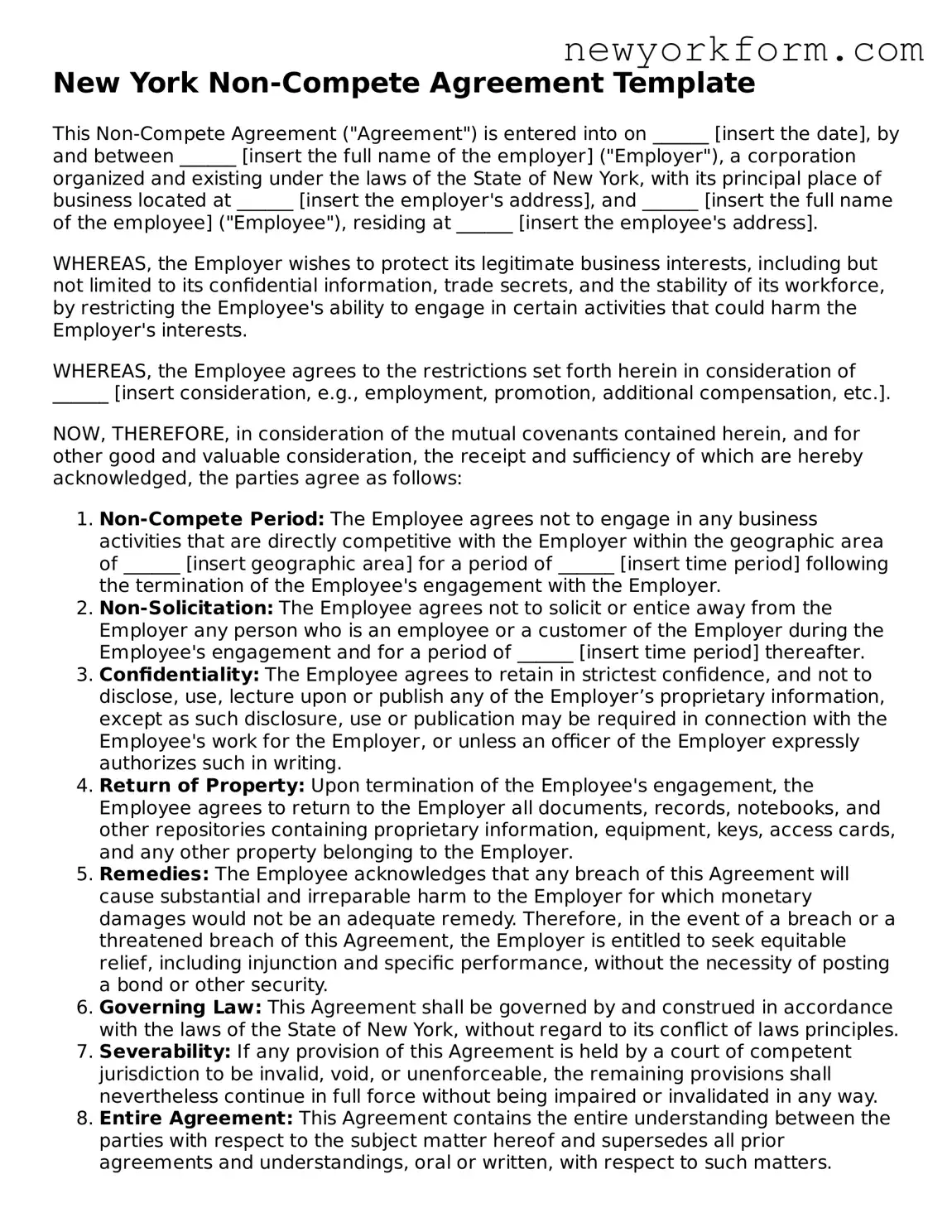 Non-compete Agreement Template for the State of New York