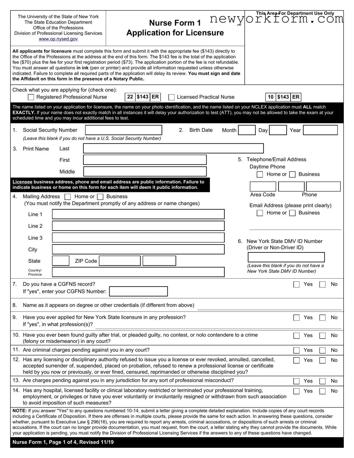 Free New York Nurse 1 Form in PDF