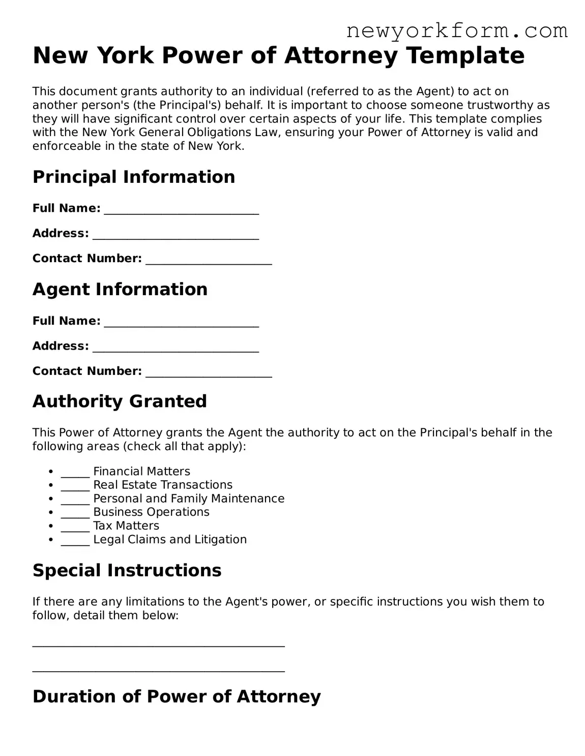 Power of Attorney Template for the State of New York