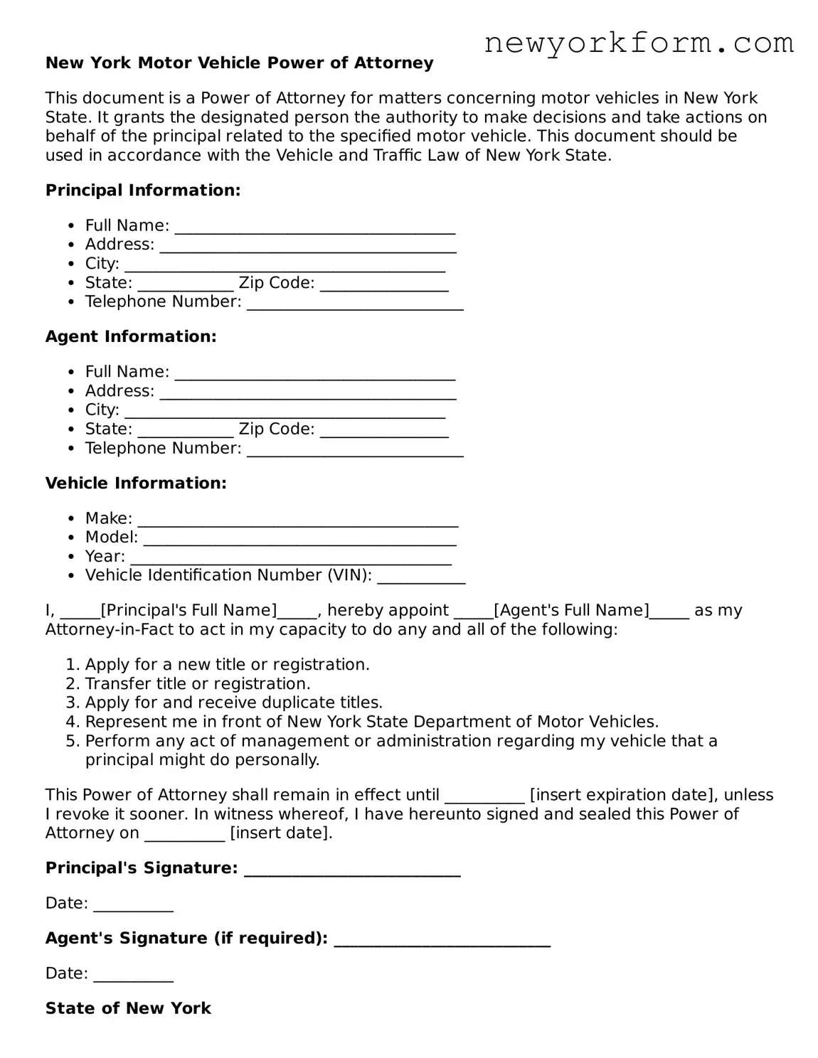 Motor Vehicle Power of Attorney Template for the State of New York