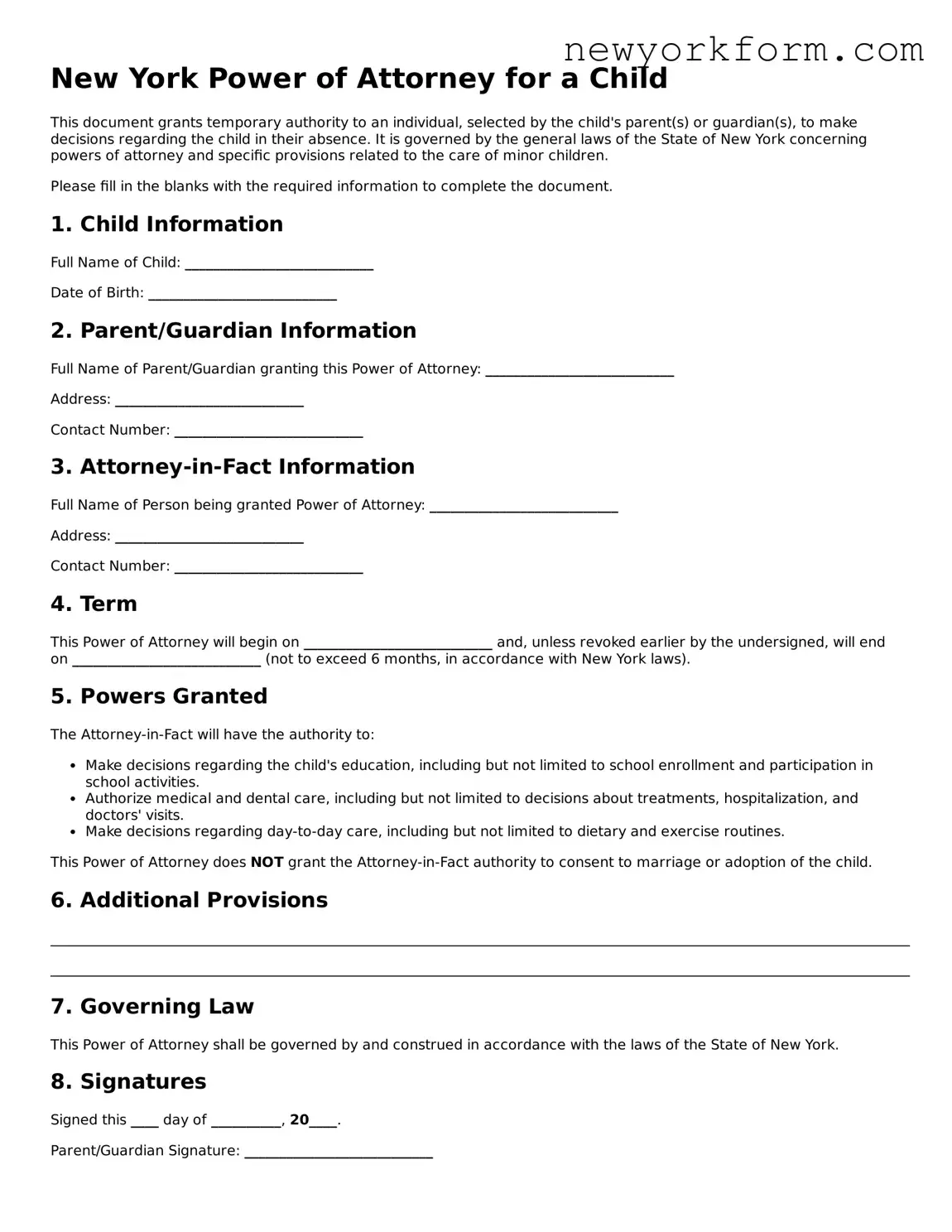 Power of Attorney for a Child Template for the State of New York
