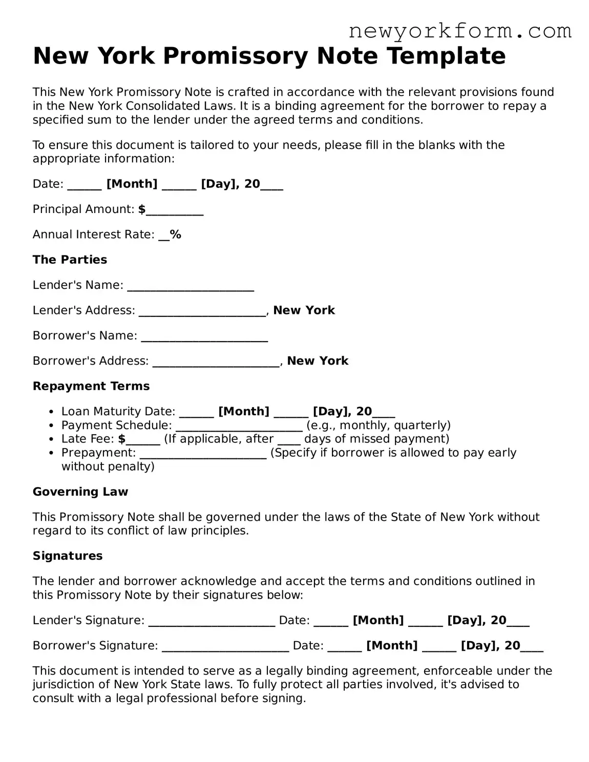 Promissory Note Template for the State of New York