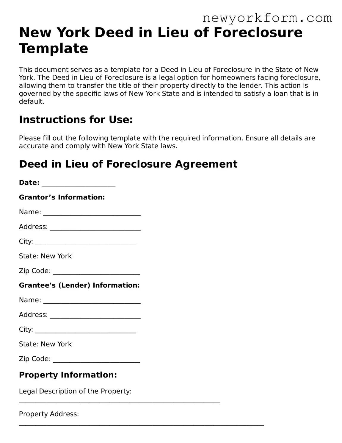 Deed in Lieu of Foreclosure Template for the State of New York
