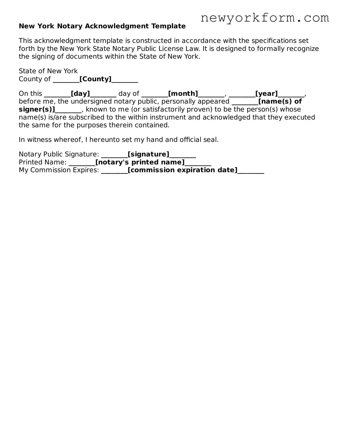 Notary Acknowledgement Template for the State of New York