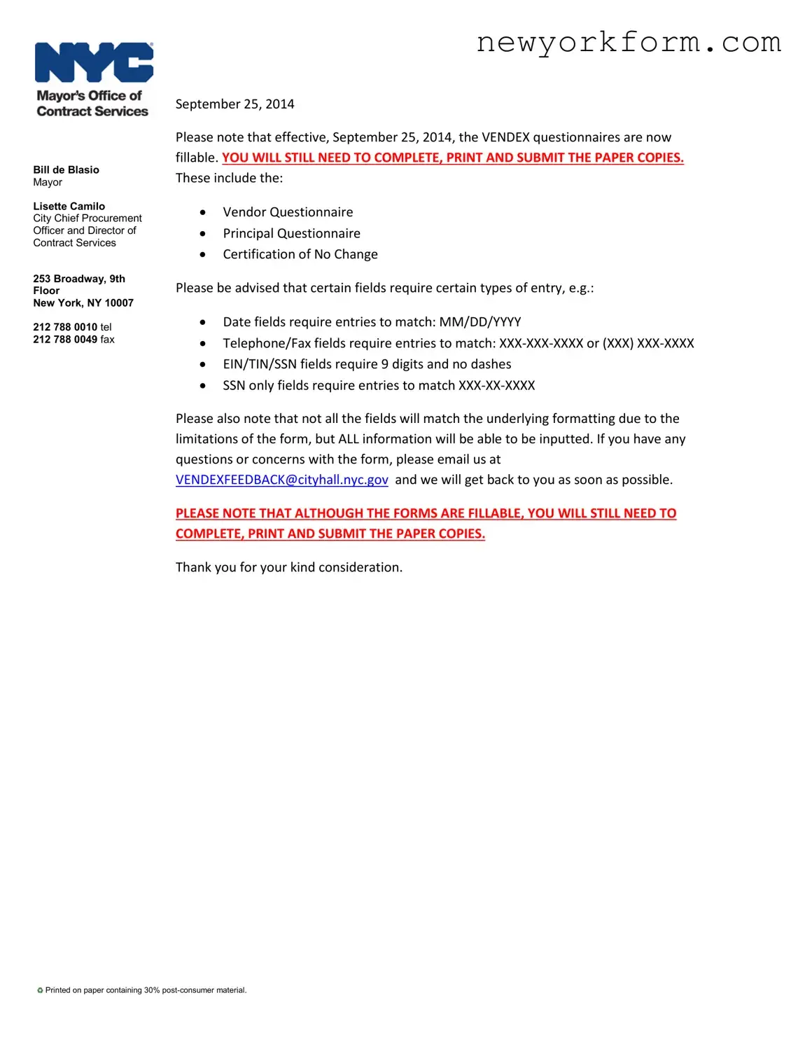Free New York Questionnaire Form in PDF