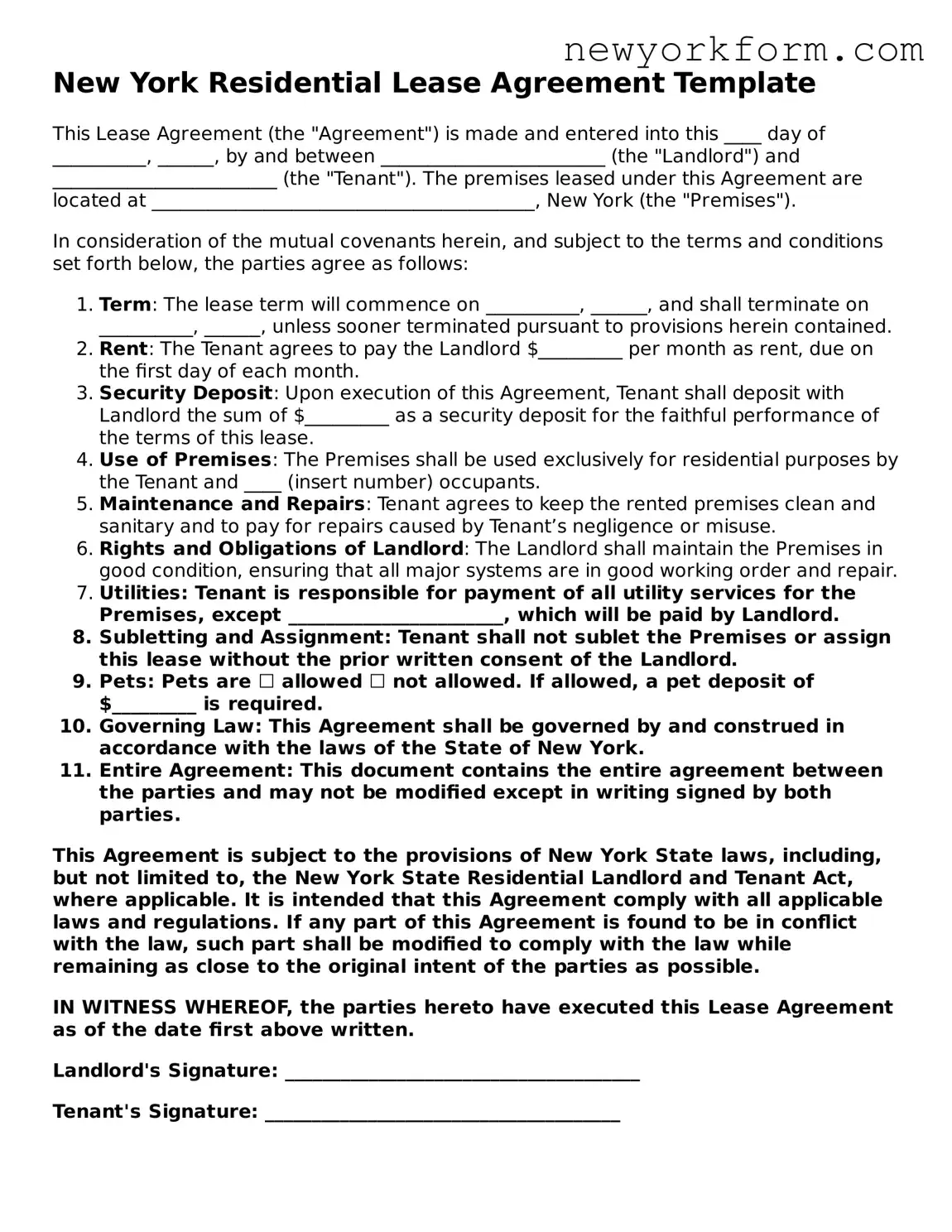 Lease Agreement Template for the State of New York
