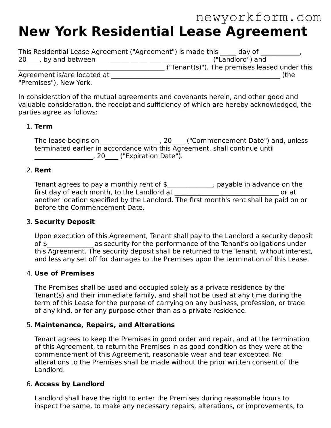 Residential Lease Agreement Template for the State of New York