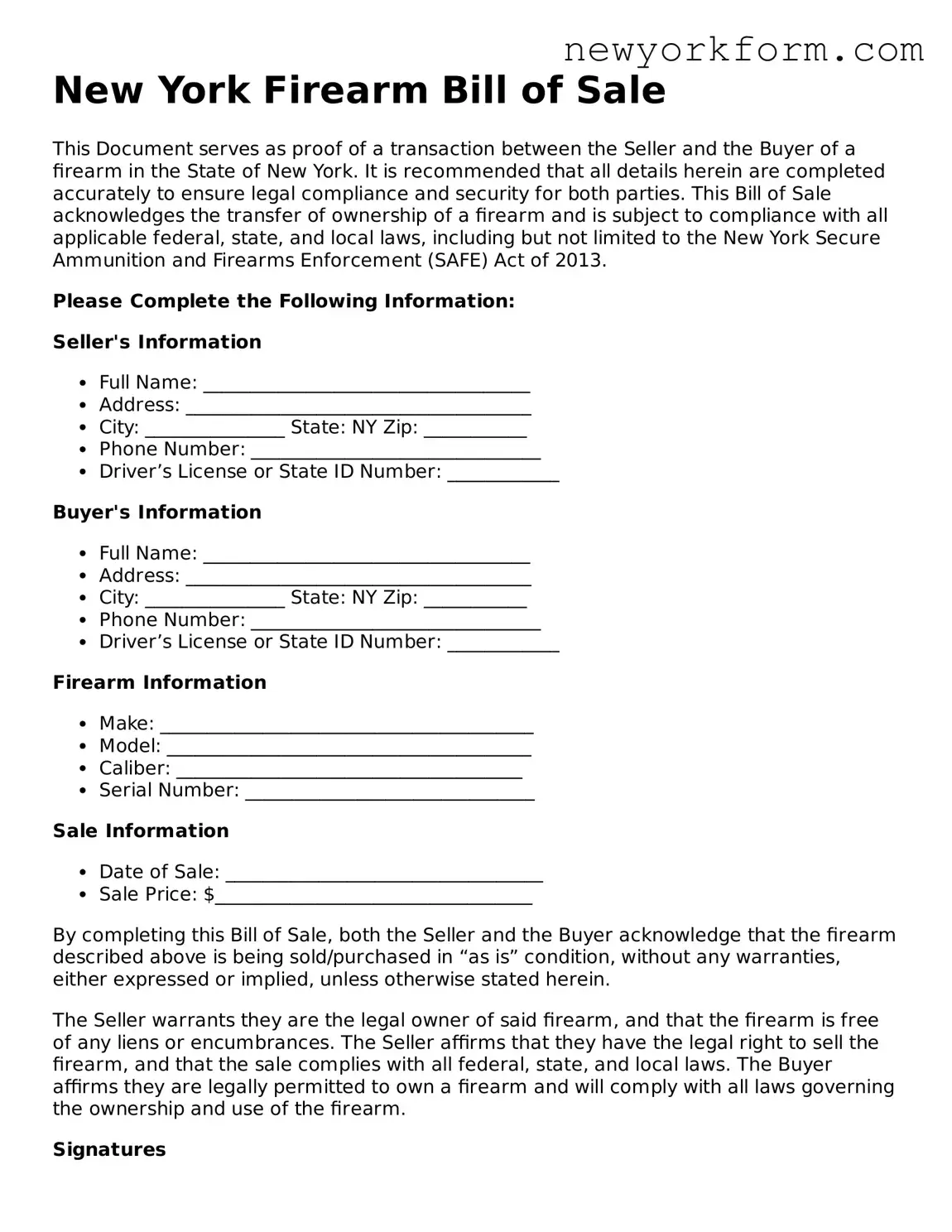 Firearm Bill of Sale Template for the State of New York