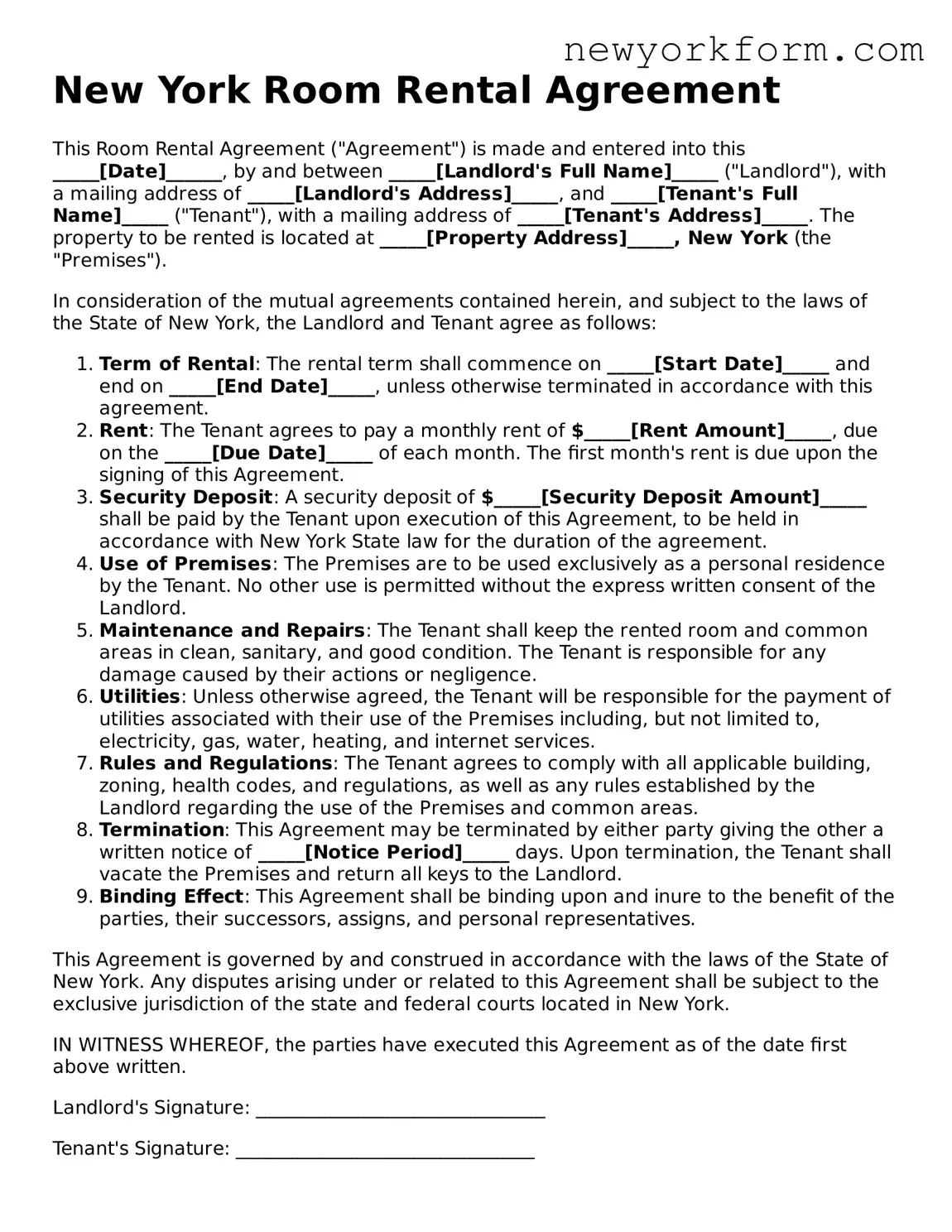 Room Rental Agreement Template for the State of New York