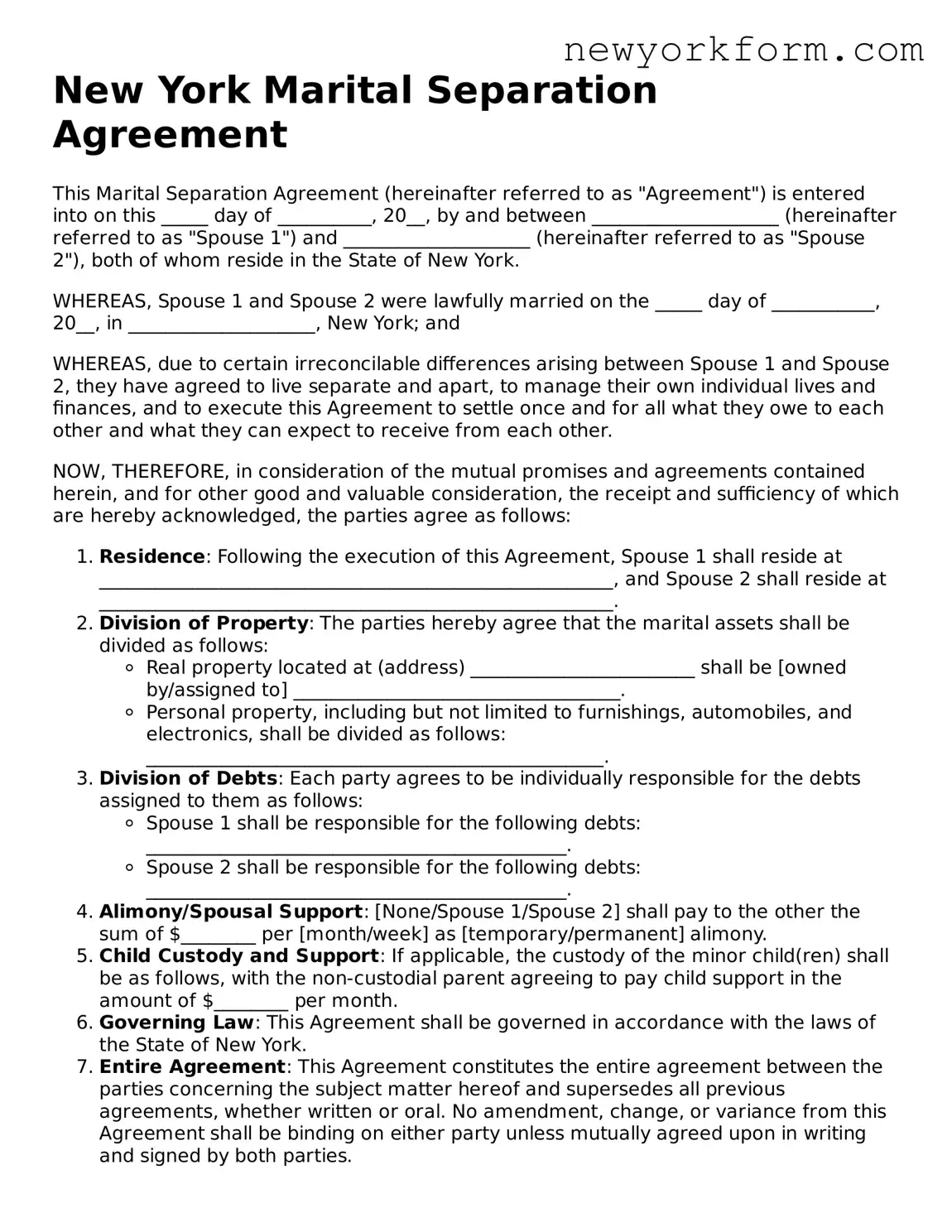 Marital Separation Agreement Template for the State of New York