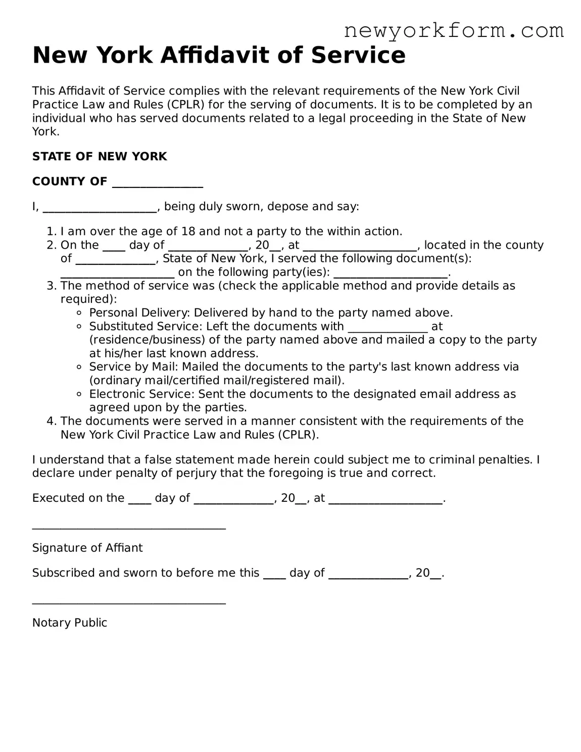 Affidavit of Service Template for the State of New York