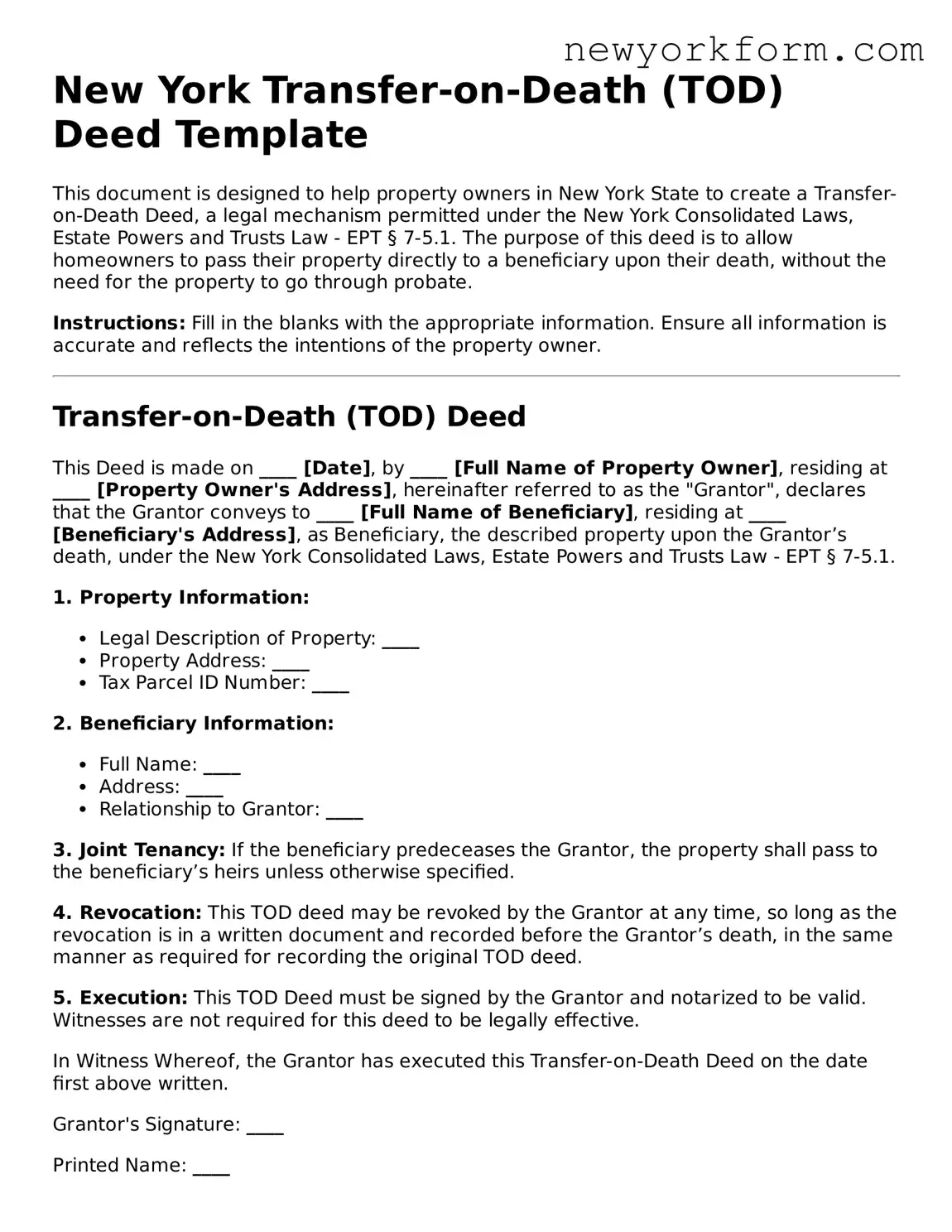 Transfer-on-Death Deed Template for the State of New York