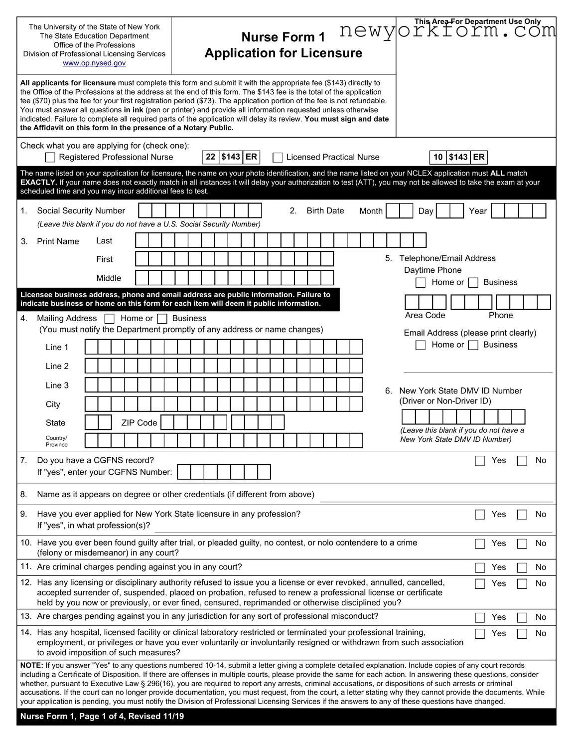 Free Nurse 1Nys Form in PDF