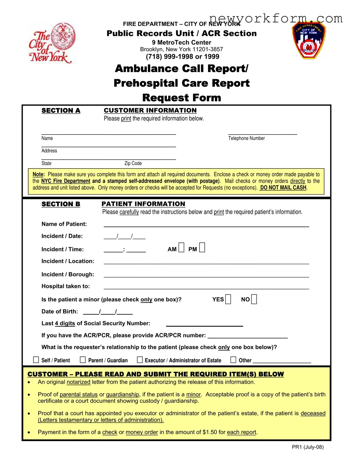 Free Ny Ambulance Call Form in PDF
