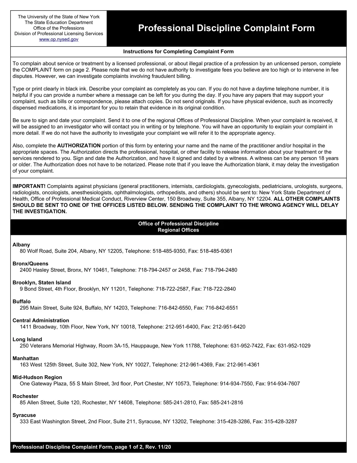 Free Ny Complaint Form in PDF