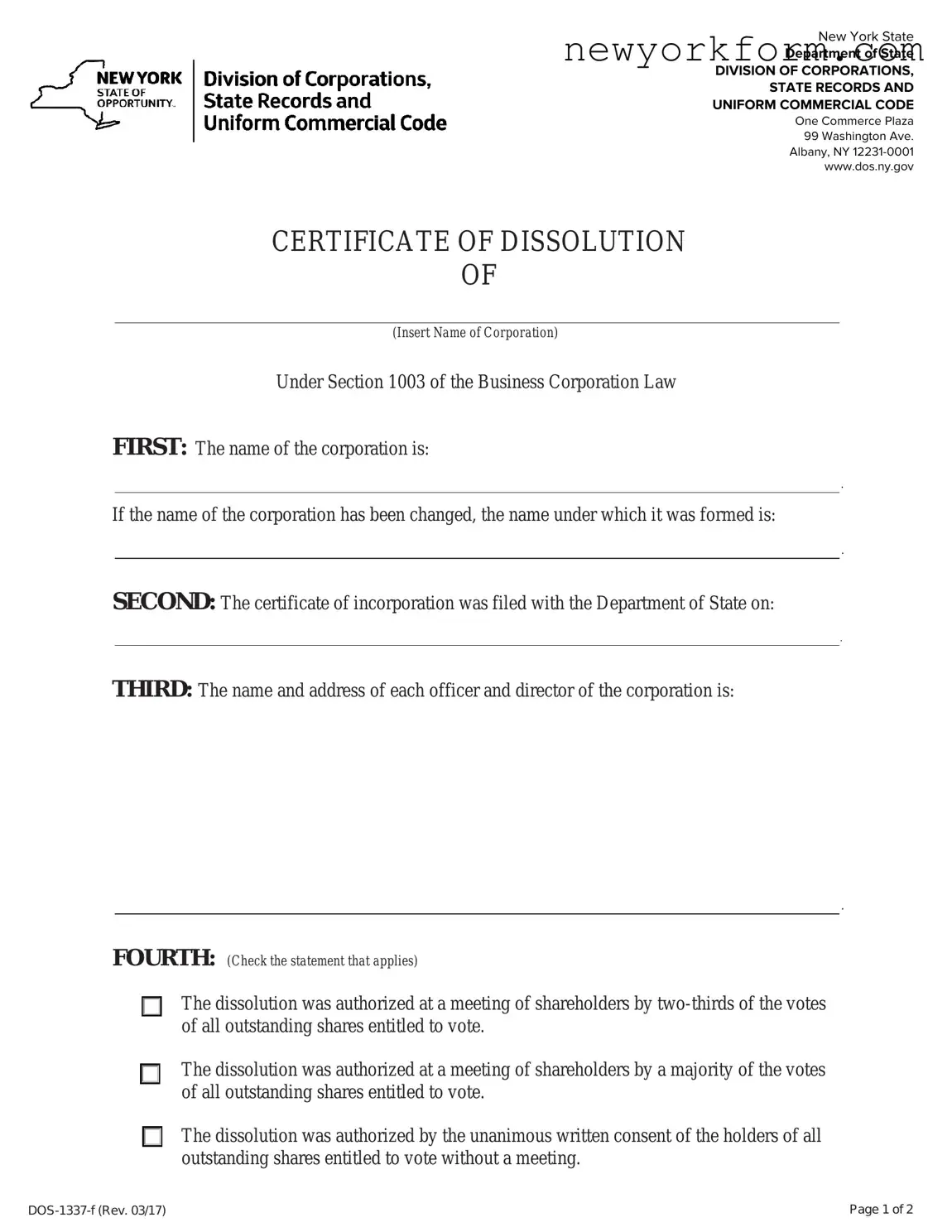 Free Ny Dissolution Certificate Form in PDF