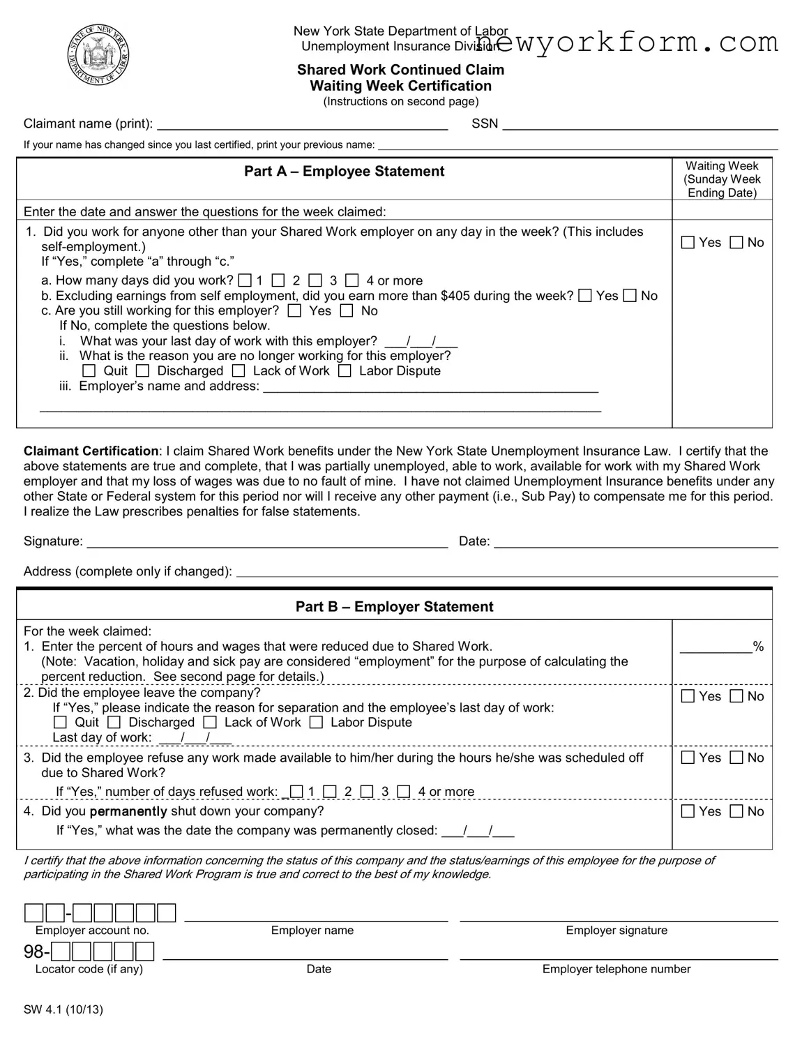 Free Ny Labor Unemployment Form in PDF