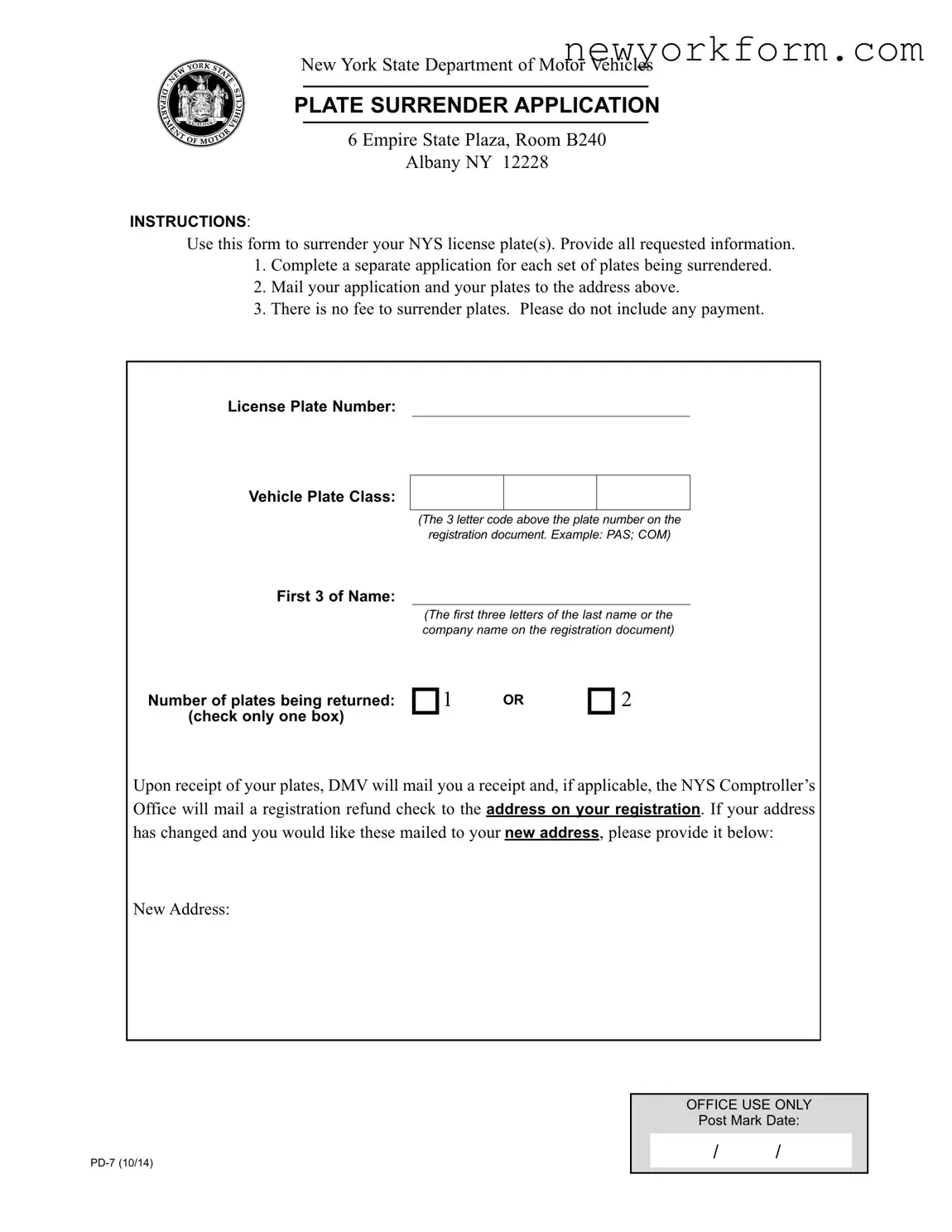 Free Ny Plate Surrender Application Form in PDF