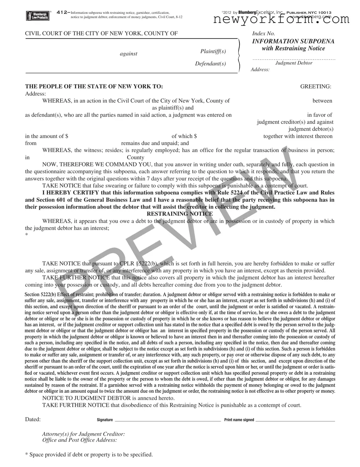 Free Ny Restraining Notice Form in PDF