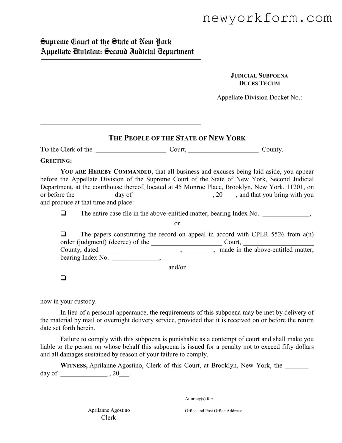 Free Ny Subpoena Duces Form in PDF