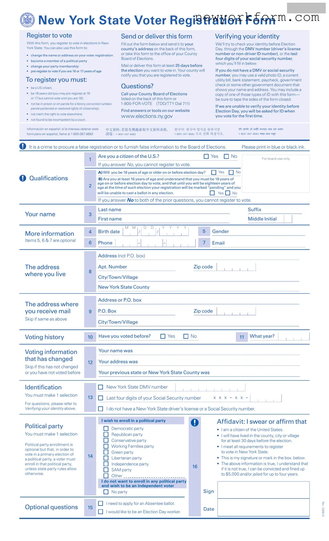 Free Ny Voter Registration Form in PDF