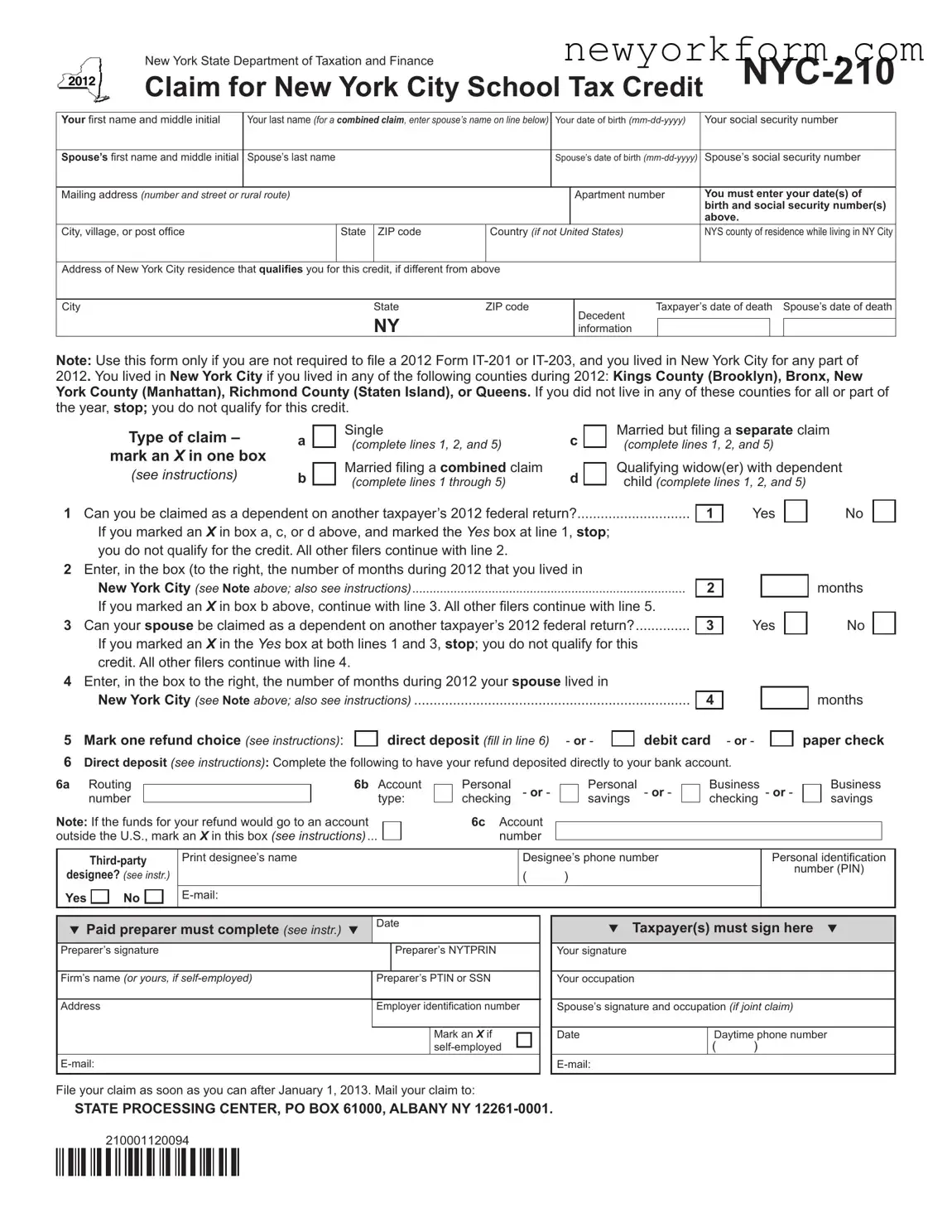 Free Nyc 210 Form in PDF